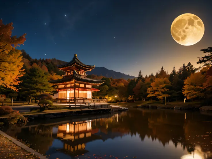 A traditional Japanese five-story pagoda surrounded by red autumn leaves、Scenery that shines fantastically when illuminated at night。The figure is beautifully reflected in a quiet pond。A full moon floats in the night sky、with a serenity and mystical atmosp...