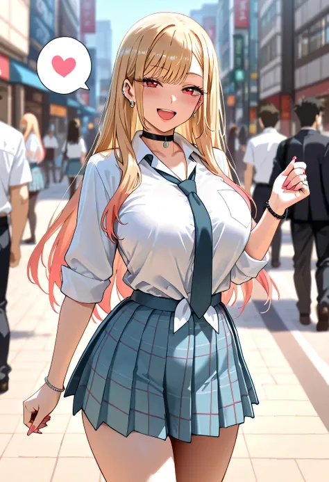 masterpiece, newest, lively, very aesthetic, high contrast, mature woman,((Marin Kitagawa, long hair, bangs, blonde hair, red eyes, multicolored hair, pink hair,),((skirt, shirt, jewelry, school uniform, white shirt, pleated skirt, earrings, necktie, choke...