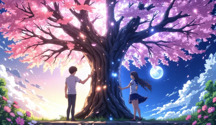 A large, beautiful cherry blossom tree stands at the center of the scene, its branches spreading wide. On either side of the tree stands a Japanese high school student—one boy and one girl—each gently placing one hand on the trunk. The composition is sligh...