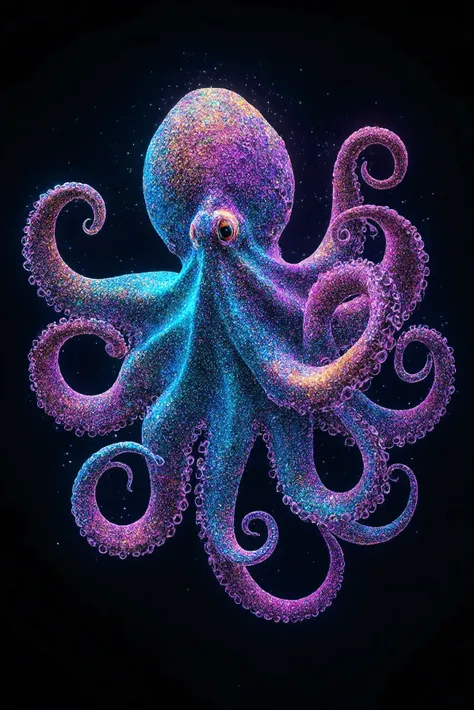At the heart of a surreal, psychedelic realm, a mesmerizing octopus pulses with radiant life.
Its body is a masterpiece of living color: a seamless, liquid blend of turquoise, deep violet, molten orange, emerald green, lavender, magenta, sapphire, and molt...