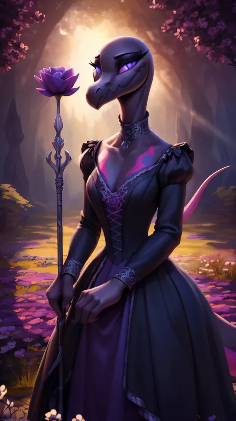 uploaded on e621, ((Salazzle)) by Pixelsketcher, by Bayard Wu, by Thomas Benjamin Kennington , by Einshelm, anthro, ((full body focus)), BREAK, ((dress:1.2)),wearing black victorian dress, long flowing dress, long sleeve victorian dress, dress flowing down...
