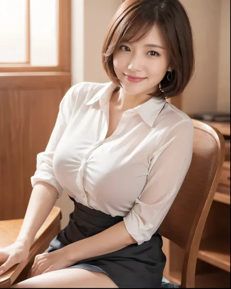 Mature Woman,Japanese female 30 years old,secretary,Table viewer,オフィスで女性secretaryが足を開いて座っている,(sitting on a chair with her legs spread out boldly:1. 55),(((from below:1 . 35))),(photorealistic),and the viewers all watch that they have erections、She smiles p...