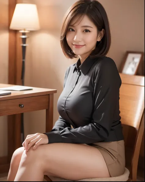 Mature Woman,Japanese female 30 years old,secretary,Table viewer,オフィスで女性secretaryが足を開いて椅子に座っている,(sitting on a chair with her legs spread out boldly:1. 55),(((from below:1 . 35))),(photorealistic),and the viewers all watch that they have erections、She smile...