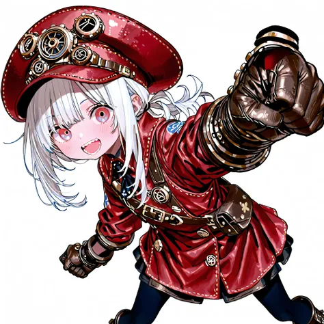 high resolution、High Quality、Shortcuts,    low ponytail  、 white hair、stupid hair、black pantyhose  、Boyish clothes、double teeth、solo、Thick-soled boots、 asymmetric hair 、   simple eyes   、white background、standing、huge steampunk gloves、right straight punch、...