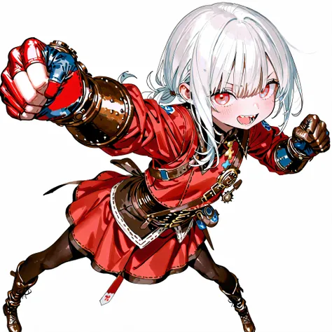 high resolution、High Quality、Shortcuts,    low ponytail  、 white hair、stupid hair、black pantyhose  、Boyish clothes、double teeth、solo、Thick-soled boots、 asymmetric hair 、   simple eyes   、white background、standing、huge steampunk gloves、right straight punch、...
