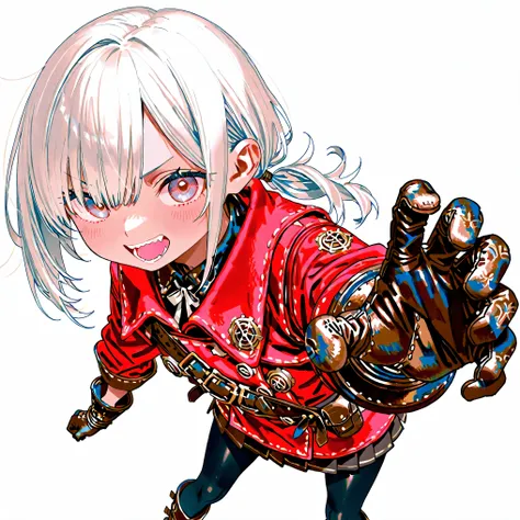 high resolution、High Quality、Shortcuts,    low ponytail  、 white hair、stupid hair、black pantyhose  、Boyish clothes、double teeth、solo、Thick-soled boots、 asymmetric hair 、   simple eyes   、white background、standing、huge steampunk gloves、right straight punch、...