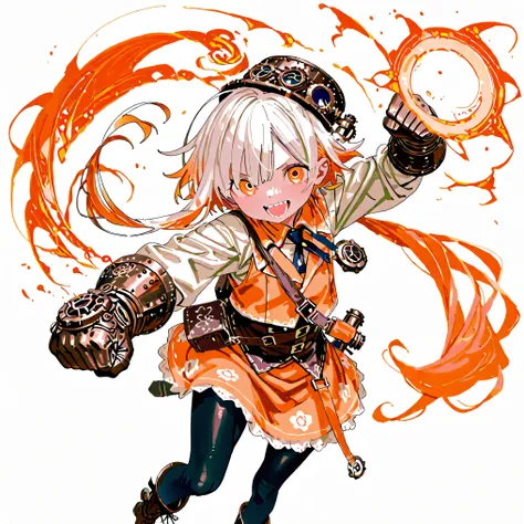 high resolution、High Quality、Shortcuts,    low ponytail  、 white hair、orange hair、 stupid hair、black pantyhose  、Boyish clothes、double teeth、solo、Thick-soled boots、 asymmetric hair 、   simple eyes   、white background、standing、huge steampunk gloves、right st...