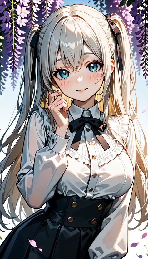(score_9, score_8_up, score_7_up), source_Anime, absurd_res, white, purple, black, 1girl, solo, upper body, super fine illustration, an extremely delicate and beautiful, best quality, masterpiece, 8K, spring setting, wisteria flowers, gentle breeze, sunlig...