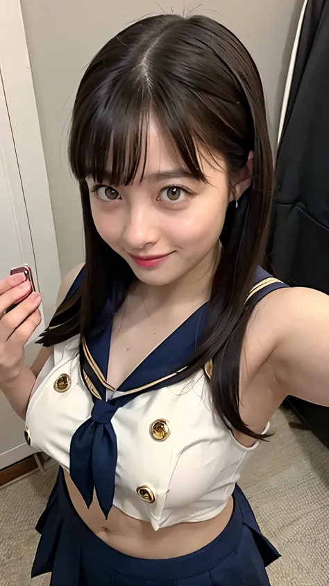 high image quality、selfie、Angle of View from Above、sailor suit、belly button out、 Gold、island style cosplay
