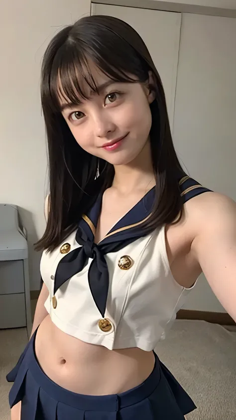 high image quality、selfie、Angle of View from Above、sailor suit、belly button out、(( Gold))、island style cosplay