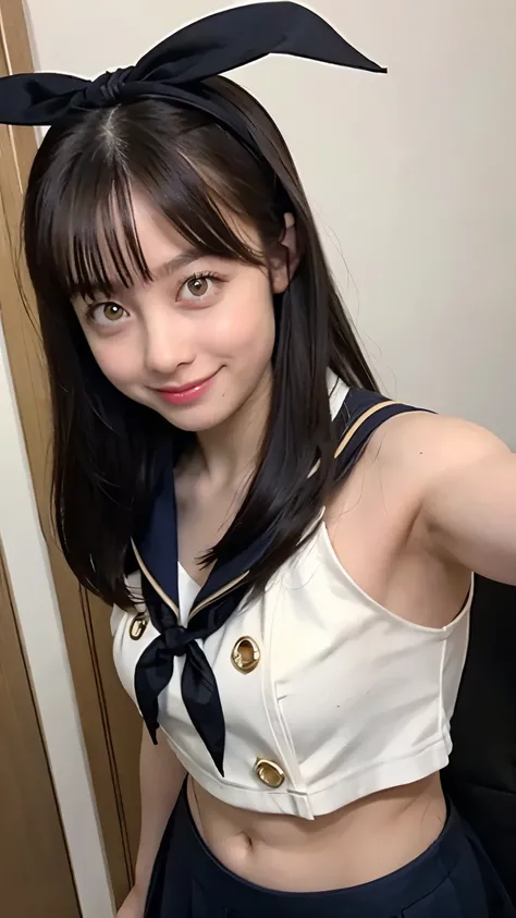 high image quality、selfie、Angle of View from Above、sailor suit、belly button out、(( Gold))、island style cosplay
