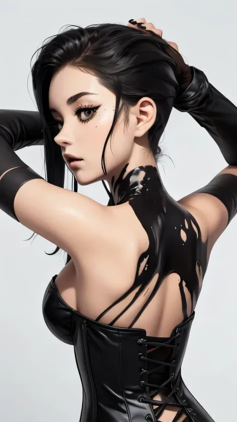 simple background, monochrome linear style, horror (topic) broken painting, black paint sprayed, red blood splatted, , red blood (((anime girl character))), long white hair, big breasts, push-ups , red corset