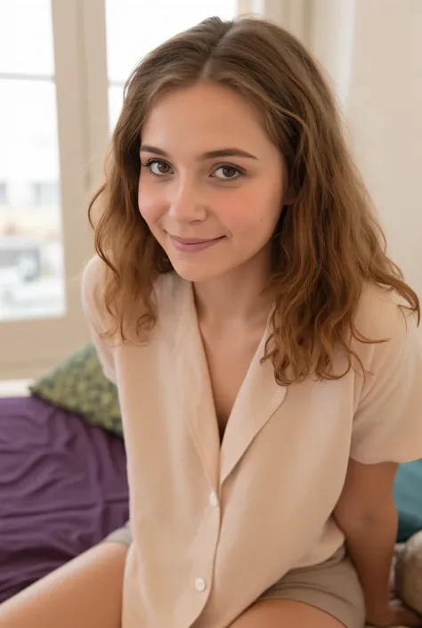 portrait of a young woman, light skin, natural soft brown wavy hair, warm expressive brown eyes, gentle smile, peaceful expression, wearing a simple light blouse, sitting by a softly lit window, shallow depth of field, DSLR photo, photorealistic, warm ambi...
