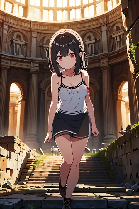 animation、high image quality、high resolution、masterpiece、A very dark scene、ancient ruins、one woman、White see-through camisole、Black Mini Skirt、With both legs apart、I'm staring、tight expression、Ancient Ruins、black smoke is standing in、Red light、combat ready...