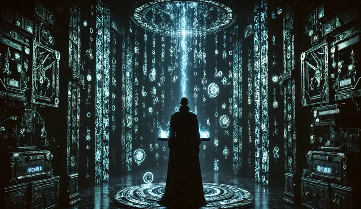Cyber-fantasy sorcerer activating magical protocol with a floating tablet, binary code flowing from his hands, arcane holograms spinning mid-air, enchanted machinery pulsating around him, lightning bolts casting shadows through gothic glasswork, digital ar...