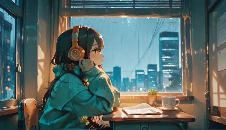 A cozy nighttime scene of a girl sitting at her desk by a large window, wearing headphones and an oversized sweater, quietly gazing out at the rain-soaked city as soft music plays.
