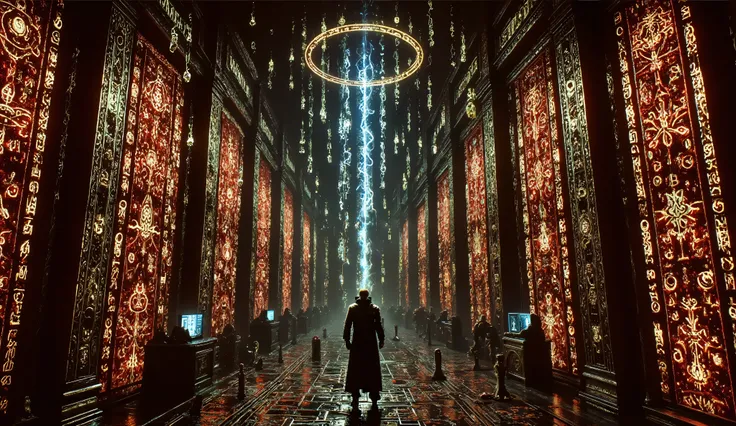 Ancient-tech wizard channeling power from a levitating digital tablet, surrounded by orbiting runes and enchanted circuits, glowing binary streams and magical glyphs filling the air, lightning flaring outside vibrant stained glass, cyber-fantasy concept pa...