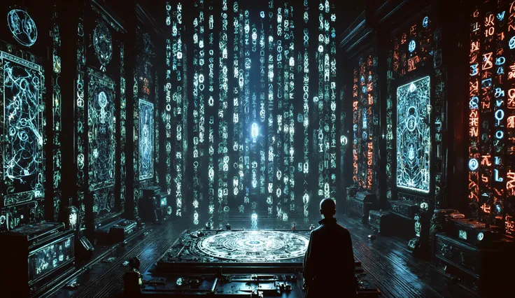 Powerful sorceress inside a high-tech arcane chamber, casting an ancient spell through a luminous futuristic tablet, surrounded by floating binary code and glowing runes, stained glass windows crackling with lightning, detailed digital painting, ambient cy...