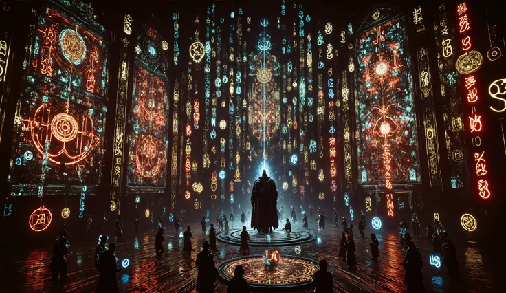 Ancient-tech wizard channeling power from a levitating digital tablet, surrounded by orbiting runes and enchanted circuits, glowing binary streams and magical glyphs filling the air, lightning flaring outside vibrant stained glass, cyber-fantasy concept pa...