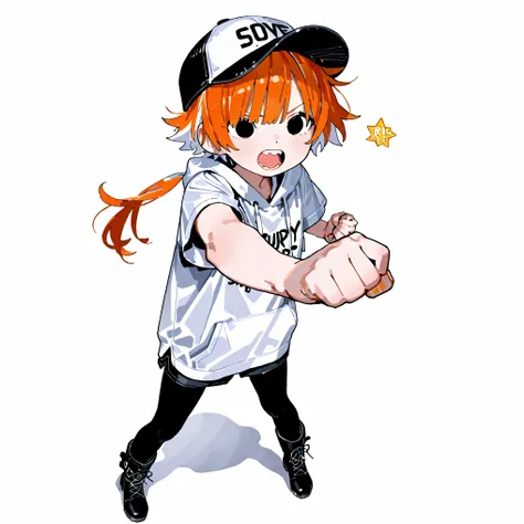 high resolution、High Quality、 white hair、orange hair、female, Shortcuts, low ponytail 、 stupid hair、black pantyhose 、double teeth、solo、thick soled boots、 asymmetric hair 、boyish short sleeve、 simple eyes 、white background、standing、full body、 cap、ri...