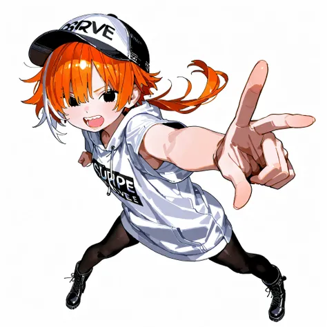 high resolution、High Quality、 white hair、orange hair、female, Shortcuts, low ponytail 、 stupid hair、black pantyhose 、double teeth、solo、thick soled boots、 asymmetric hair 、boyish short sleeve、 simple eyes 、white background、standing、full body、 cap、ri...