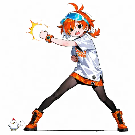 high resolution、High Quality、 white hair、orange hair、female, Shortcuts, low ponytail 、 stupid hair、black pantyhose 、double teeth、solo、thick soled boots、 asymmetric hair 、boyish short sleeve、 simple eyes 、white background、standing、full body、visor、r...