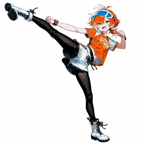 high resolution、High Quality、 white hair、orange hair、female,  Shortcuts,    low ponytail  、  stupid hair、black pantyhose  、double teeth、solo、thick soled boots、 asymmetric hair 、boyish short sleeve、 simple eyes   、white background、standing、full body、visor、h...