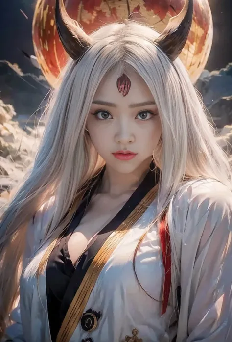 source_anime, (masterpiece), (best quality), score_9, score_8_up, score_7_up, (masterpiece:1.2), (best quality:1.3), 1girl kaguya_otsk, long hair, looking at viewer, third eye, horns, japanese clothes, pale skin, red moon, cleavage, angry expression, facia...