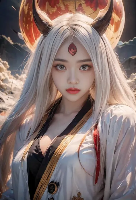 source_anime, (masterpiece), (best quality), score_9, score_8_up, score_7_up, (masterpiece:1.2), (best quality:1.3), 1girl kaguya_otsk, long hair, looking at viewer, third eye, horns, japanese clothes, pale skin, red moon, cleavage, angry expression, facia...