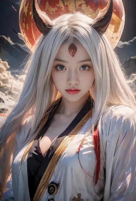 source_anime, (masterpiece), (best quality), score_9, score_8_up, score_7_up, (masterpiece:1.2), (best quality:1.3), 1girl kaguya_otsk, long hair, looking at viewer, third eye, horns, japanese clothes, pale skin, red moon, cleavage, angry expression, facia...