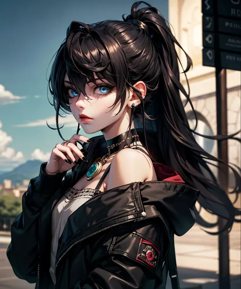 1girl, bird, black choker, black jacket, black nails, blue eyes, choker, cloud, earrings, hair between eyes, jacket, jewelry, long hair, looking at viewer, nail polish, off shoulder, outdoors, ring, signature, sky, solo, upper body, v, krtc mgk, original