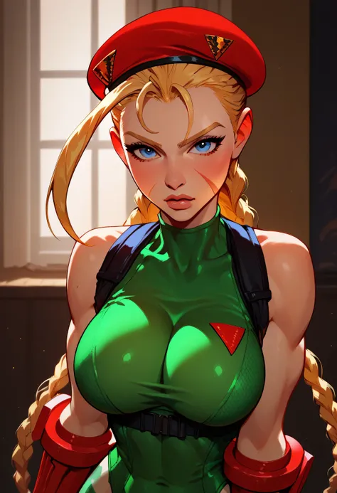 masterpiece, best quality, highres, 1girl, cammy white, twin braids, long hair, blonde hair, antenna hair, beret, (red headwear:1.3), blue eyes, scar on cheek, green leotard, large breasts, sleeveless, red gloves, fingerless gloves, camouflage,   cowboy sh...