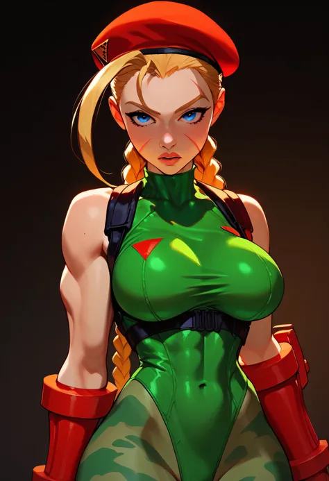 masterpiece, best quality, highres, 1girl, cammy white, twin braids, long hair, blonde hair, antenna hair, beret, (red headwear:1.3), blue eyes, scar on cheek, green leotard, large breasts, sleeveless, red gloves, fingerless gloves, camouflage,   cowboy sh...