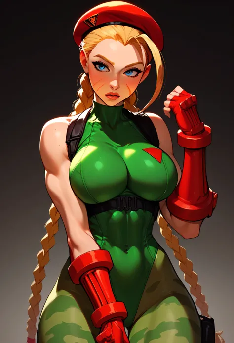 masterpiece, best quality, highres, 1girl, cammy white, twin braids, long hair, blonde hair, antenna hair, beret, (red headwear:1.3), blue eyes, scar on cheek, green leotard, large breasts, sleeveless, red gloves, fingerless gloves, camouflage,   cowboy sh...
