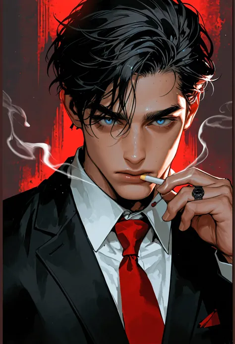 8k, beautiful masterpiece, 1 man, 32 years old male, mature, handsome, 187cm, Italian, cold expression, alone, muscular, pectoral muscles, black suit with a red shirt and matching pocket square, black tie added, jet black hair, Short hair, his hairstyle is...