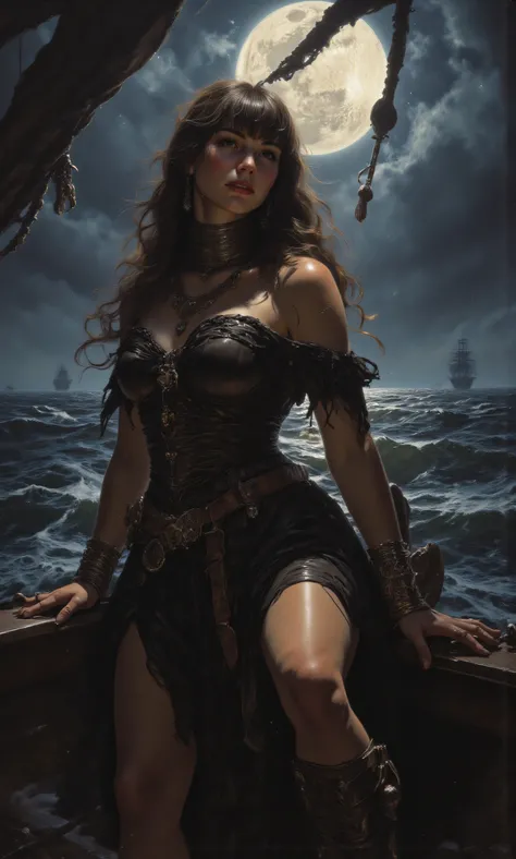 Picture of a georgeous pirate queen on her ship,out at sea, she sailing through the perfect storm,night scene, full moon shining in the horizon, moon lit night, shadows, Dimly lit, stari night,portrait, long hair,Bangs, big breasts, Natural breasts, saggy ...