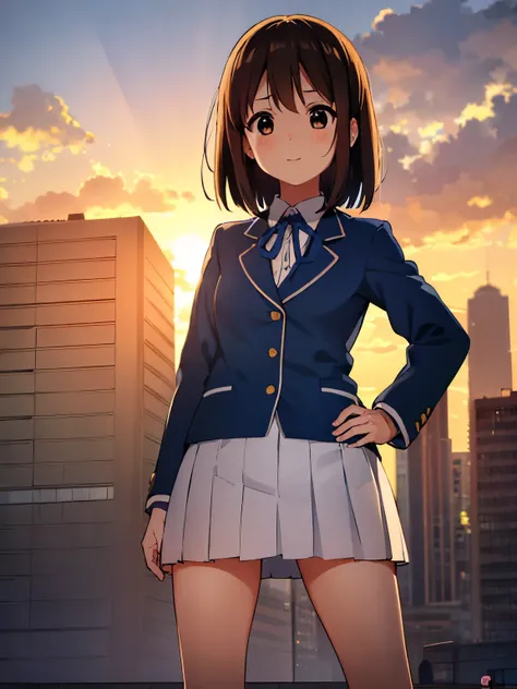 1 girl, (((masterpiece))), Highest Quality, Highest Quality, Advanced Details, full body, Plane, 1 girl, Sakuragaoka high school uniform, school uniform, Two yellow hairpins, short hair, Brown haired, brown eyes when droopy, solo, reddish, dark blue blaze...