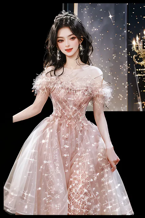 woman, long black hair, elegant, spotlight, shinning, actress, on the stage, smile, beautiful woman, luxury
