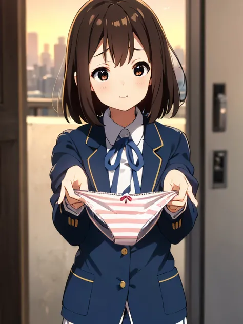 (((masterpiece))), Highest Quality, Highest Quality, Advanced Details, full body, Plane, 1 girl, Sakuragaoka high school uniform, school uniform, Two yellow hairpins, short hair, Brown haired, brown eyes when droopy, solo, reddish, dark blue blazer with t...