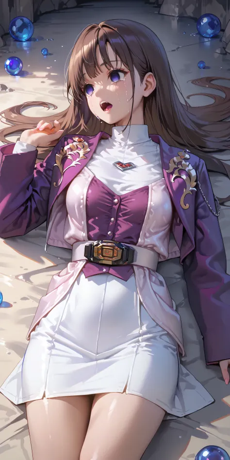 (高精細CG), (best quality), IN THE CAVE,1 girl, perfect face, wide hips, Slim waist, , purple bolero jacket,white skirt,long sleeve, Pink Belt, straight and long hair , brown hair, ((( empty eyes ))),crying,opening mouth,lying on the ground on your back,