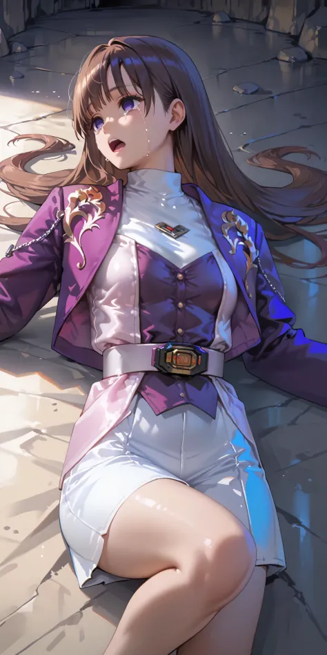 (高精細CG), (Highest Quality), IN THE CAVE,1 girl, perfect face, wide hips, Slim waist, , purple bolero jacket,white skirt,long sleeve, Pink Belt, straight and long hair , brown hair, ((( empty eyes ))),crying,opening mouth,lying on the ground on your ba...