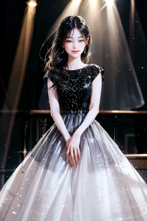 woman, long black hair, elegant, spotlight, shinning, actress, on the stage, smile, beautiful woman, luxury, half body, close up