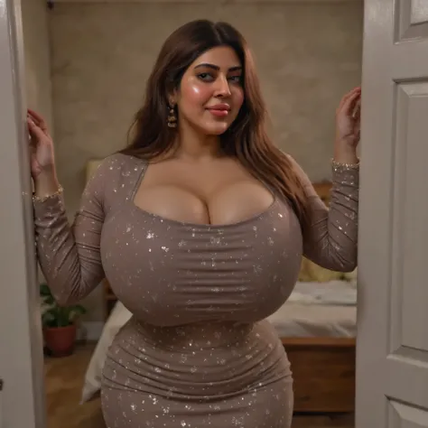 woman having heavy chest, tight breast, standing still in bedroom, shocking eyes