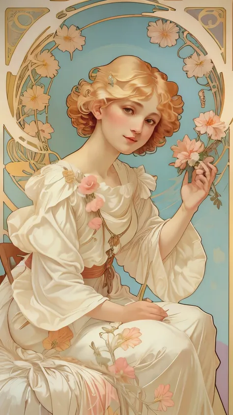 378(20 year old women),(short hair),(gentle smile),(high quality photos),(Alphonse Mucha),(colorful floral dress),(A room with a large painting),((contrast between light and shade))