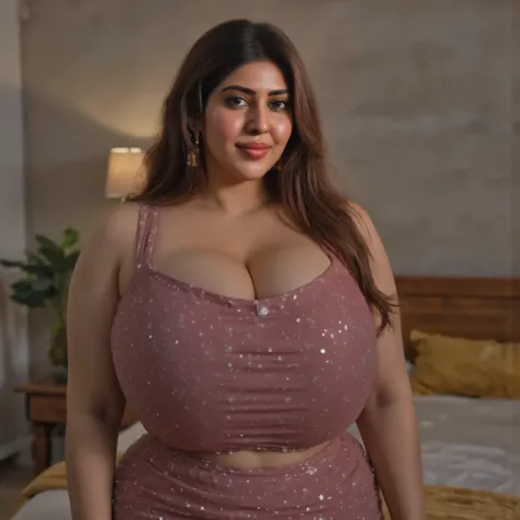woman having heavy chest, tight breast, standing still in bedroom, shocking eyes