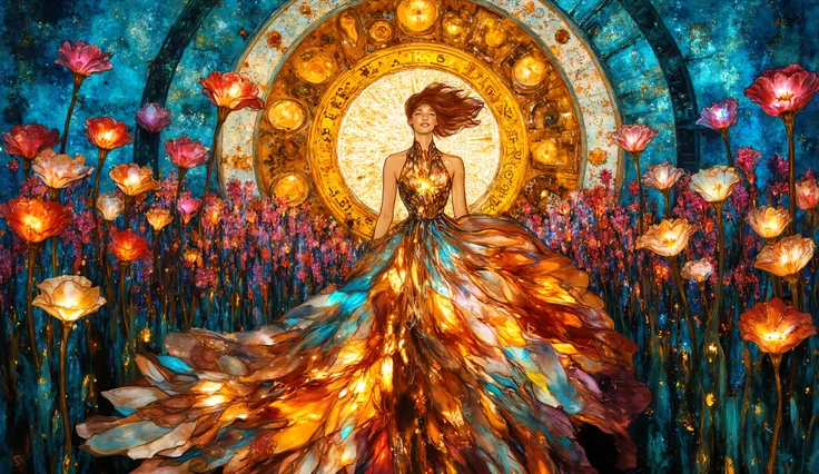 A surreal dreamscape where a woman with windswept hair stands in a field of clockwork lilies, their petals made of stained glass. The woman wears a gown of interlocking gears and wires, adorned with glowing neon accents. The background features a blend of ...