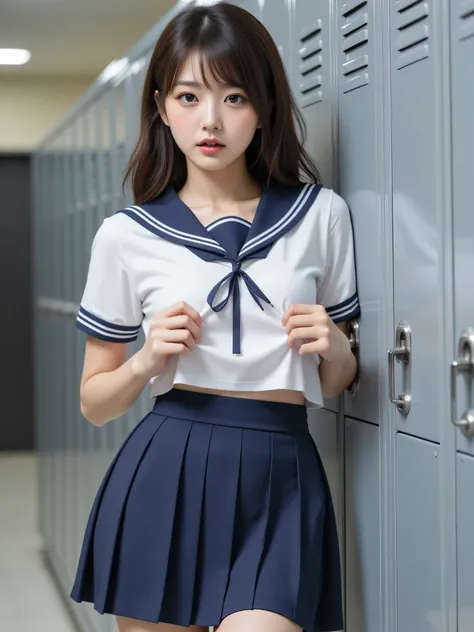 japanese cute idol, Japanese cute girl, kawaii, a pretty woman is posing at the school locker's room , 1girl, solo, realistic, ((japanese school uniform:1.5)), nsfw, masterpiece, best quality, hyper detailed, insanely detailed, 16k, japanese , cute, ...