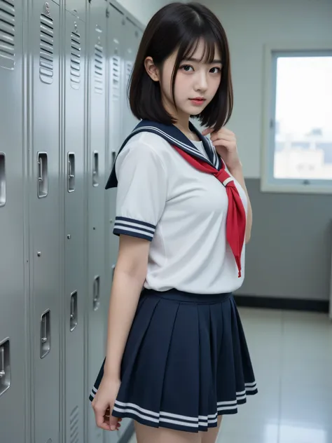 japanese cute idol, Japanese cute girl, kawaii, a pretty woman is posing at the school locker's room , 1girl, solo, realistic, ((japanese school uniform:1.5)), nsfw, masterpiece, best quality, hyper detailed, insanely detailed, 16k, japanese , cute, ...