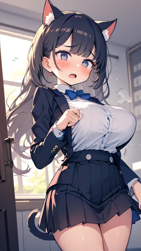 Breasts violently going up, down, left, right, left, right, Asymmetrical breasts,(motion line, motion blur), 1 girl on break day solo_concentrated Cat ears tail butler open_Big Mouth Big Breasts Violently bouncing breasts Japanese Onomatopoeia Blushed ch...
