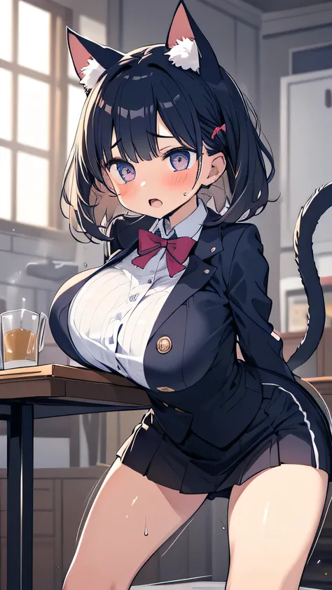 Breasts violently going up, down, left, right, left, right, Asymmetrical breasts,(motion line, motion blur), 1 girl on break day solo_concentrated Cat ears tail butler open_Big Mouth Big Breasts Violently bouncing breasts Japanese Onomatopoeia Blushed ch...